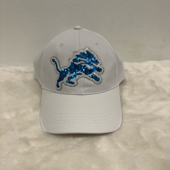 Detroit Lions hat! White baseball cap with glitter sequin lions logo!! - Picture 2 of 7